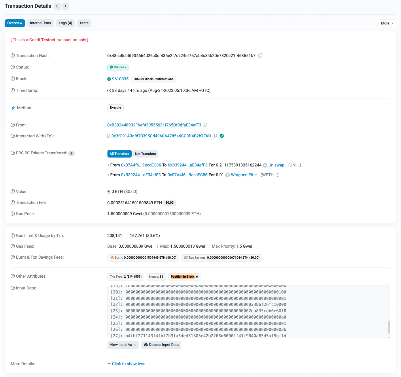 Looking up a transaction index on Etherscan